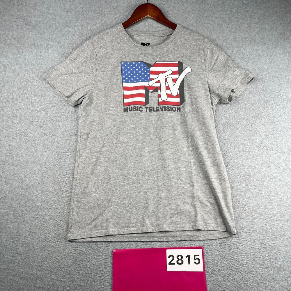 MTV Music Television USA Flag Graphic Print T Shirt Gray Mens Medium